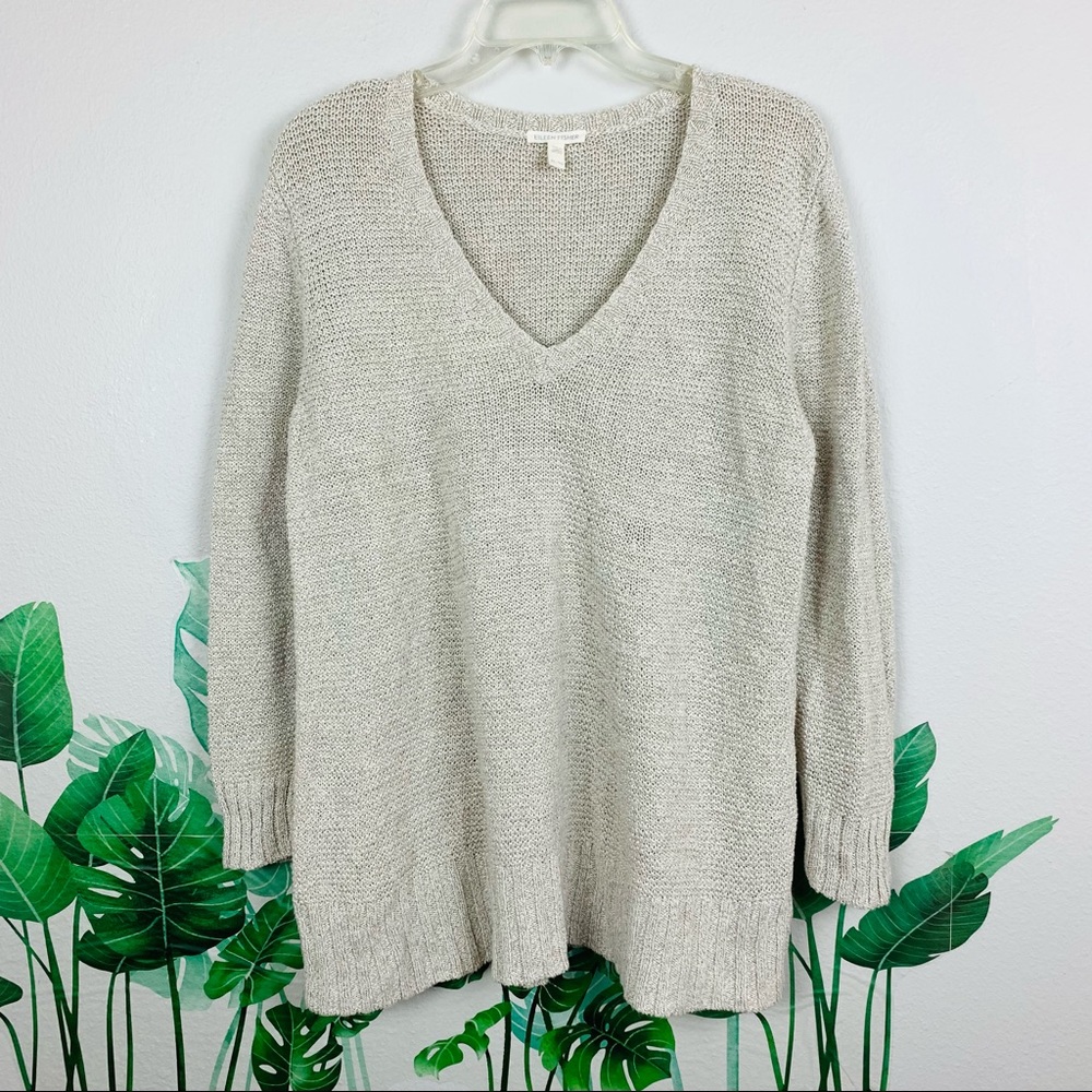 Eileen Fisher Organic Linen Cotton V-Neck Oatmeal Natural Pullover Sweater